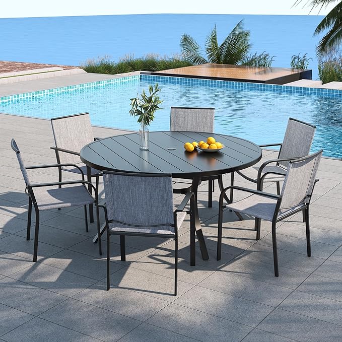 Anmutig 7 Piece Metal Round Patio Table and Chair Set with Umbrella Hole, 54" Table and 6 Grey Stackable Chairs