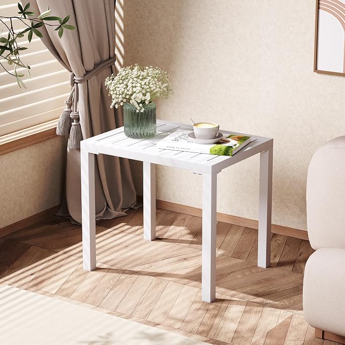 Crestlive Products Outdoor Side Table Set of 2, Aluminum Rectangular Side/End Table, Small Patio Coffee Bistro Table for Outdoor Indoor (White)
