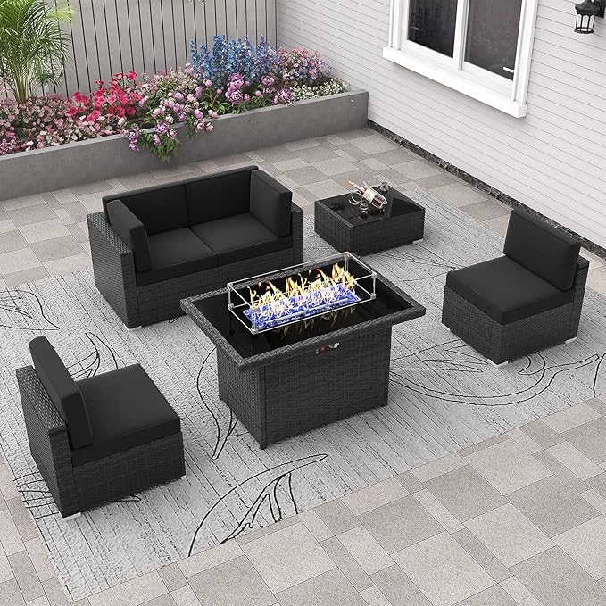 6 Pieces Patio Furniture Set with 44" Propane Gas Fire Pit Table, Outdoor Sectional Wicker Conversation Sofa Sets with Coffee Table