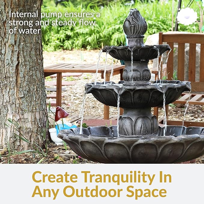 Sunnydaze Classic Tulip 46" Tiered Outdoor Water Fountain - 3-Tiered Outdoor Fountain for Garden, Patio, or Backyard - Dark Brown