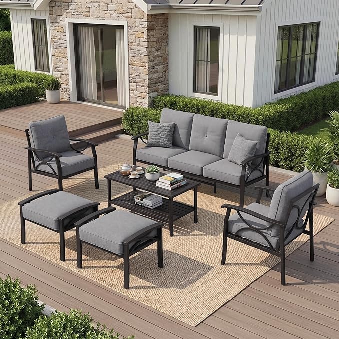 RoyalCraft Outdoor Patio Furniture Set, 7 Seats Outdoor Patio Set with 4" Thick Cushion, All-Weather Metal Patio Sofa with Coffee Table, Outdoor Sectional Furniture for Porch Backyard, Khaki&Grey