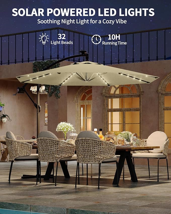10FT Cantilever Patio Umbrella with Solar LED Lights - Heavy Duty 2-Tier Square Aluminum Offset Outdoor Umbrella, 360° Rotation for Poolside, Backyard, Deck Outdoor Use, Tan