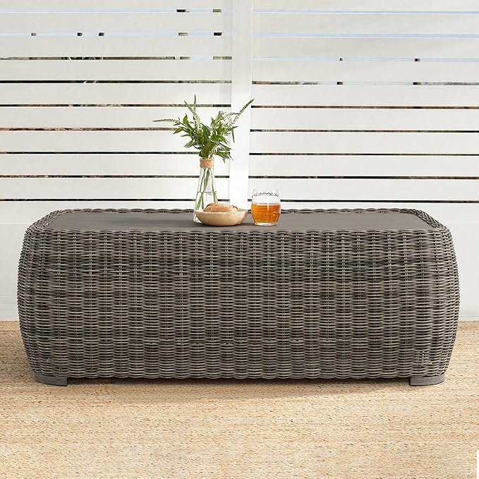 CHITA Wicker Patio Coffee Table, 41” All-Weather Rattan Outdoor Coffee Table with Wood-Grain Metal Top, Waterproof for Porch Backyard, Fully Assembled, Grey