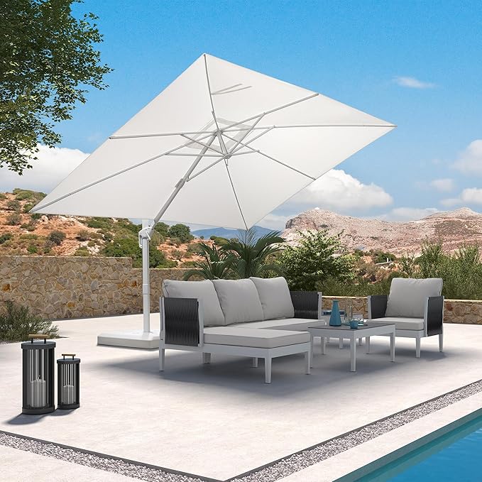 PURPLE LEAF 9' × 11.5' Patio Umbrella White Cantilever Umbrella Aluminum Square Outdoor Offset Umbrella Hanging Windproof with 360° Rotation for Garden Deck Pool, White