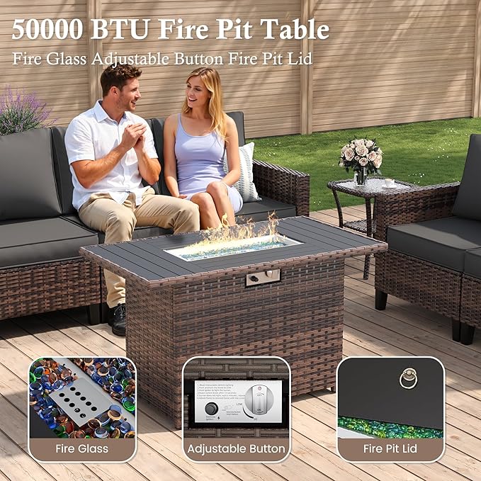 Amopatio Patio Furniture Set, 5-Piece Wicker Outdoor Sectional Sofa with Swivel Rocker Chairs, All-Weather Rattan Conversation Set with Fire Pit Table and Waterproof Cover for Backyard Brown/Grey