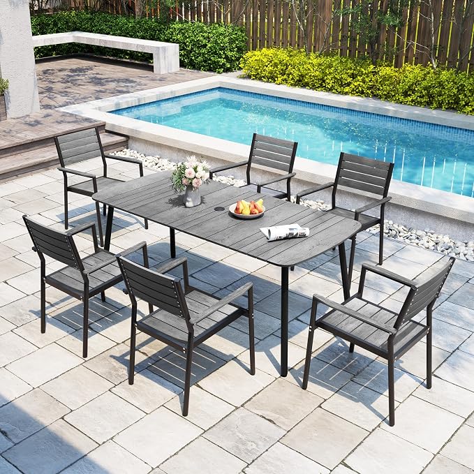 Crestlive Products Outdoor Dining Table for 6, 70" Aluminum Patio Table with Umbrella Hole Weather Resistant Rectangle Outside Tables for Patio Garden Lawn, Grey