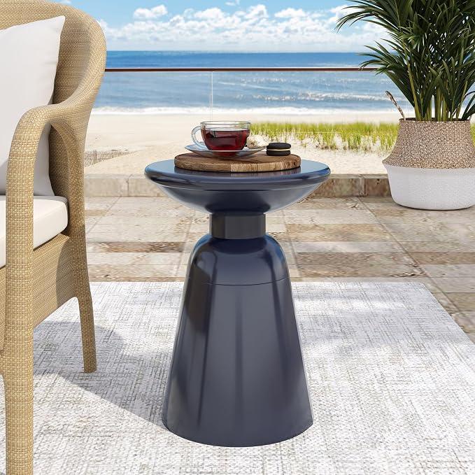 Merax Iron Patio Side Table 15"x21" Modern Art Design Weather Resistant End Table for Indoor Outdoor Patio Backyard Pool (Navy Blue)