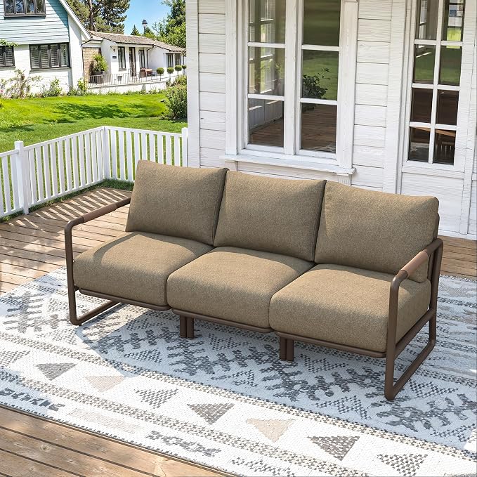 3-Seat Outdoor Patio Sofa with Cushions, Aluminum Deep Seating Couch for Backyard, Deck, Garden – Conversation & Relaxation Outdoor Furniture, Brown