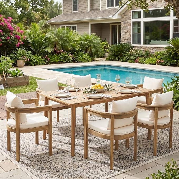 Merax Outdoor Acacia Wood Dining Set of 7, Patio 61" Large Dining Table,6 Club Dining Chairs with Cushions for 6 Person, Patio Dining Furniture Set for Deck, Yard, Porch, Beige + Teak