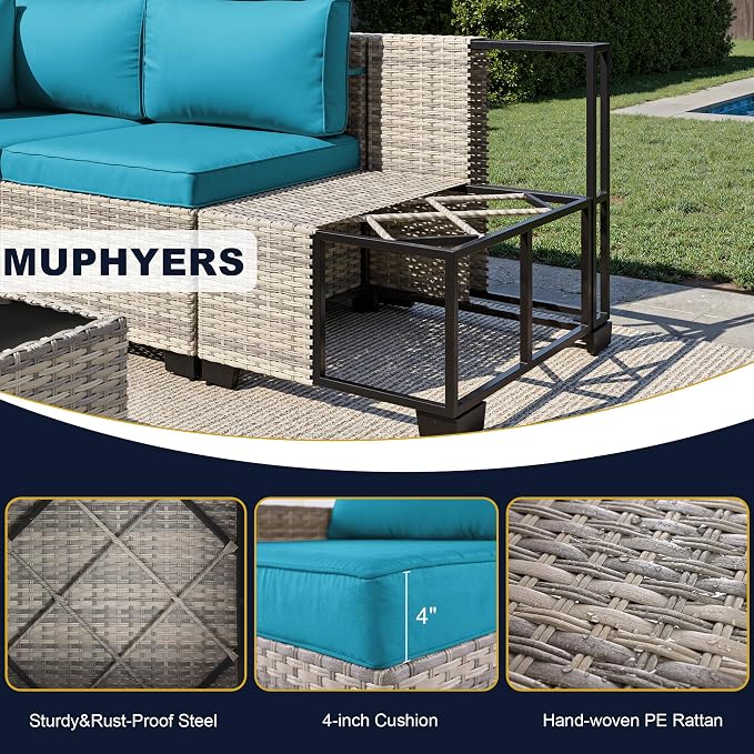 15-Piece Outdoor Patio Furniture Set with 55,000 BTU Fire Pit Table, PE Wicker Rattan Sectional Sofa Conversation Set - All-Weather Garden, Backyard Furniture, Turquoise