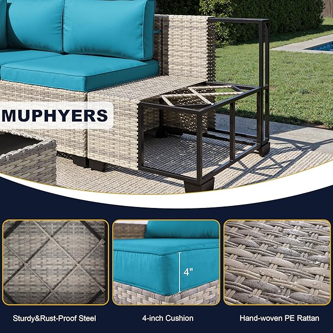 7-Piece Outdoor Patio Furniture Set, PE Wicker Rattan Sectional Sofa Conversation Set with Tempered Glass Table & Thick Cushions - All-Weather Garden, Backyard Furniture, Turquoise