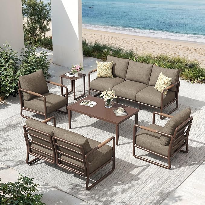 Aluminum Outdoor Patio Furniture Set, 6-Piece Conversation Sofa Set with Coffee Table, Thick Cushions & All-Weather Aluminum Frame, Modern Garden Seating for Backyard, Poolside, or Porch – Brown