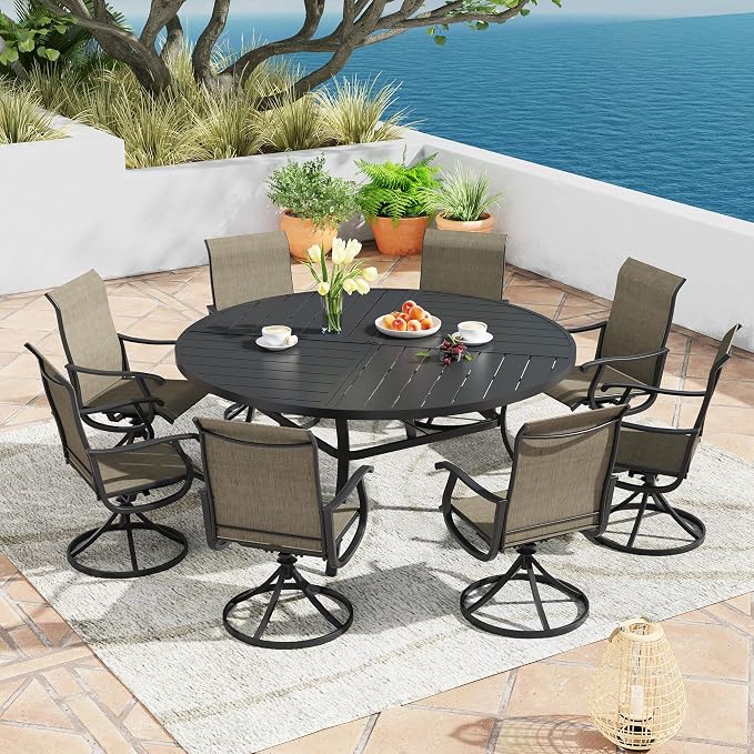 9 Pieces Patio Furniture Dining Set, 8 Textilene Swivel Dining Chairs, 60" Outdoor Round Metal Table with 1.57" Umbrella Hole, Outdoor Dining Set for Porch, Lawn, Garden, Black/Brown