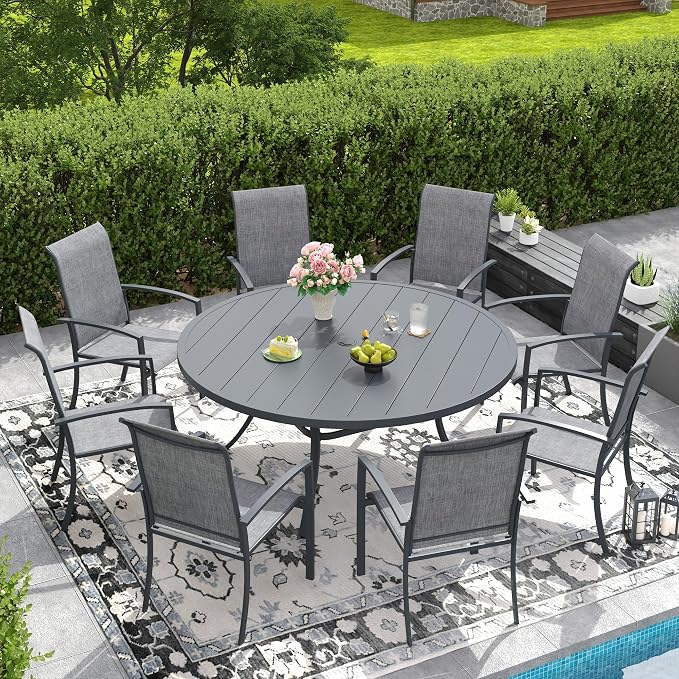 DIFY 9 Pieces Outdoor Dining Set for 8, 53" Round Dining Table with Umbrella Hole and Textilene Stackable Patio Chairs, Metal Patio Table and Chairs Set for Garden Backyard Poolside, Grey