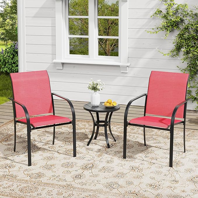 VICLLAX Outdoor Set for 2, Small Patio Table and Chairs Set of Stackable Patio Sling Chairs and Round Dining Table for Front Porch, Red Fabric and Black Table