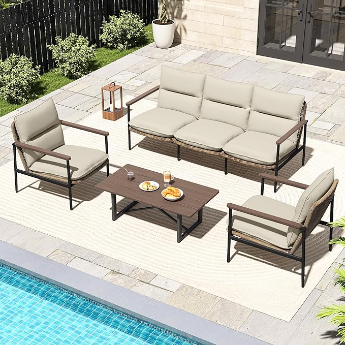 HAPPATIO 4-Piece Outdoor Furniture Set, Aluminum Patio Converation Set with Wicker Seat and Acacia Wood Armrest, 3-Seat Sofa Set with Olefin Cushion and Wood Table for Garden Lawn Backyard