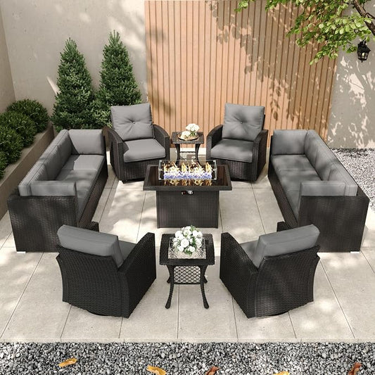 Patio Furniture Set with Fire Pit Table, 13 Pieces Outdoor All-Weather Wicker Conversation Sectional Chair Sofa Set with 4 Swivel Chairs