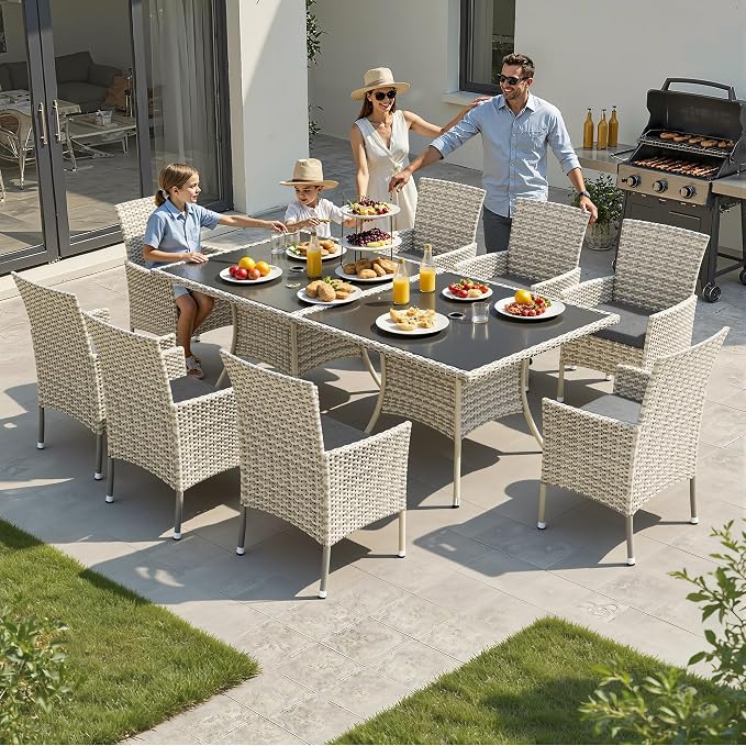 10-Piece Patio Dining Set, Patio Furniture Set with Square Tempered Glass Table & 8 Wicker Chairs, Expandable Design for Larger Groups, Outdoor Furniture for Backyard, Deck, Garden, Grey