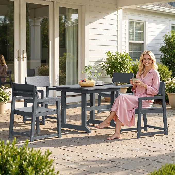 Shintenchi 5 Pieces Outdoor Dining Set,HDPE Outdoor Table and Chairs Set for 4,All Weather Patio Furniture Sets,Modern Wooden Textured Dining Sets for Backyard,Garden,Dark Grey