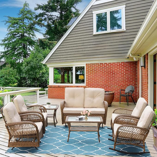 7-Piece Wicker Patio Furniture Sets Outdoor All-Weather Rattan Conversation Set Includes Glider Loveseat, 2 Glass-Top Coffee Tables, 2 Glider-Rocker Chairs for Porch Backyard, Light Brown