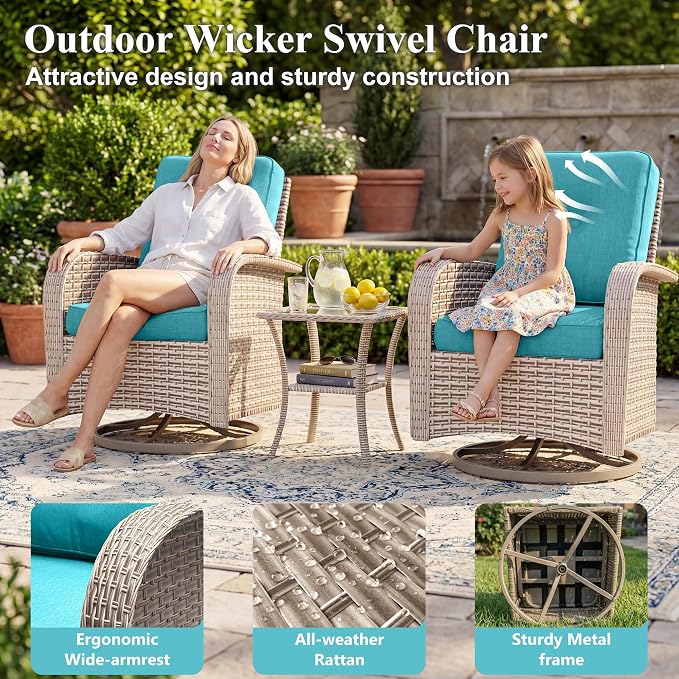 Patio Furniture Set, 11-Piece Outdoor Sectional Sofa with Swivel Rocker Chairs & Fire Pit Table, Wicker Patio Conversation Set with Coffee Table, Cyan Cushions
