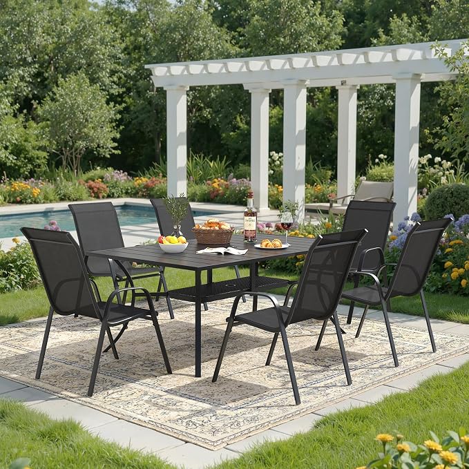 DIFY 7 Piece Outdoor Dining Set, 59.2" Black Rectangle Metal Patio Table and Dark Grey Textilene Stackable Chairs for 6, All Weather Patio Furniture Set with Umbrella Hole for Backyard Garden Deck