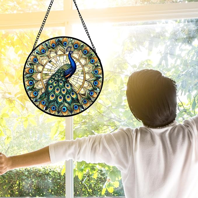 DASTOLL Stained Glass Window Hanging - Retro Peacock Decoration Suncatcher for Door Garden Home Bird Feather Sun Catchers Christmas Mother's Day Birthday Gifts for Women Men Mom Nana Friend 6.3 in