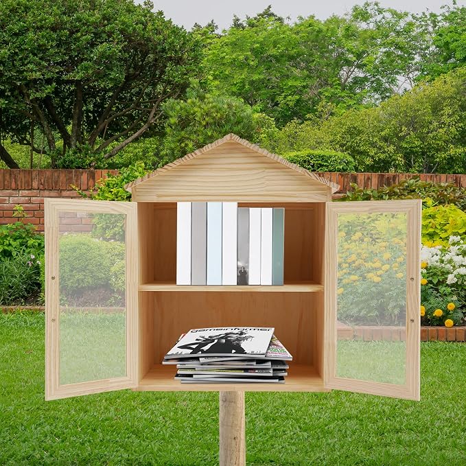 Outdoor Library Outdoor Book Box Storage Small Wooden Cabinet Little Literature Box for Neighborhoods Community and Schools Sharing Books, Newspapers and Art (2 Tiers, 19.6 x 14.2 x 25.2in)