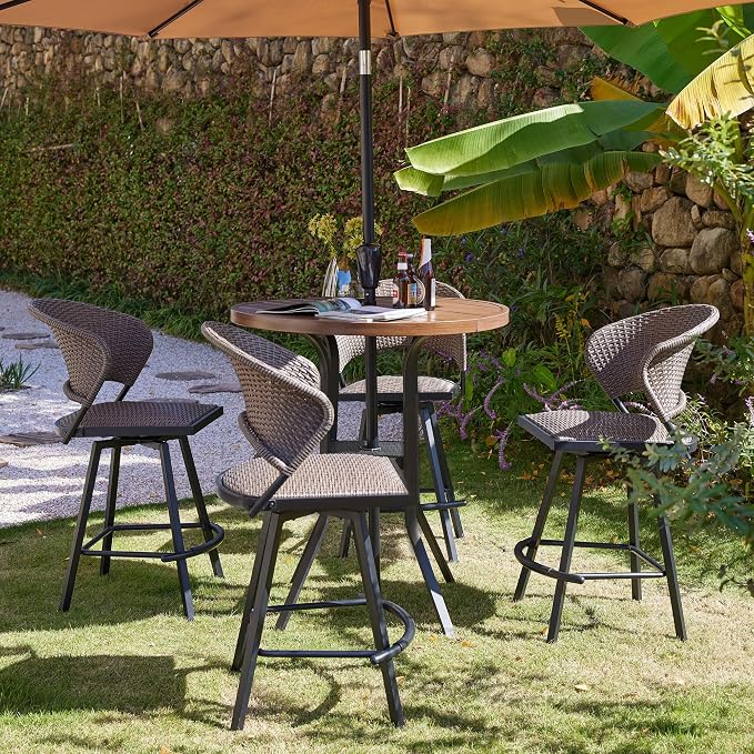 VICLLAX 35.5" Round Outdoor Bar Table, Bar Height Patio Table with Adjustable Umbrella Hole for Balcony, Walnut Wood-Like