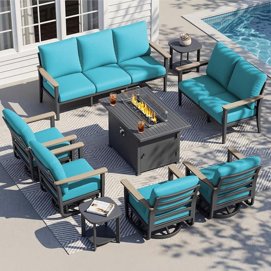 Aluminum Outdoor Patio Furniture Set with Swivel Rocking Chairs 9-Seat, Patio Sectional Sofa Patio Conversation Set with 55,000 BTU Fire Pit Table High Backrest & Thickened Cushions, Turquoise