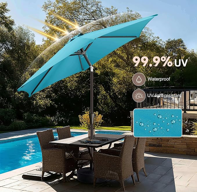 7.5ft Outdoor Patio Umbrella - Table Umbrella Waterproof UV Protection, Sombrillas de Patio with Push Button Tilt, Sun Umbrella for Pool, Porch, Garden, Deck, Backyard (Aqua Blue)