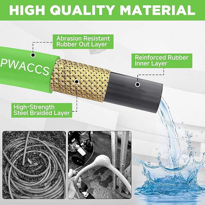 PWACCS Pressure Washer Hose 50 FT, 3/8" Kink Resistant Power Washer Hose Steel Braided Quick Connect with M22 14 Fittings for Cold/Hot Water, 4000 PSI