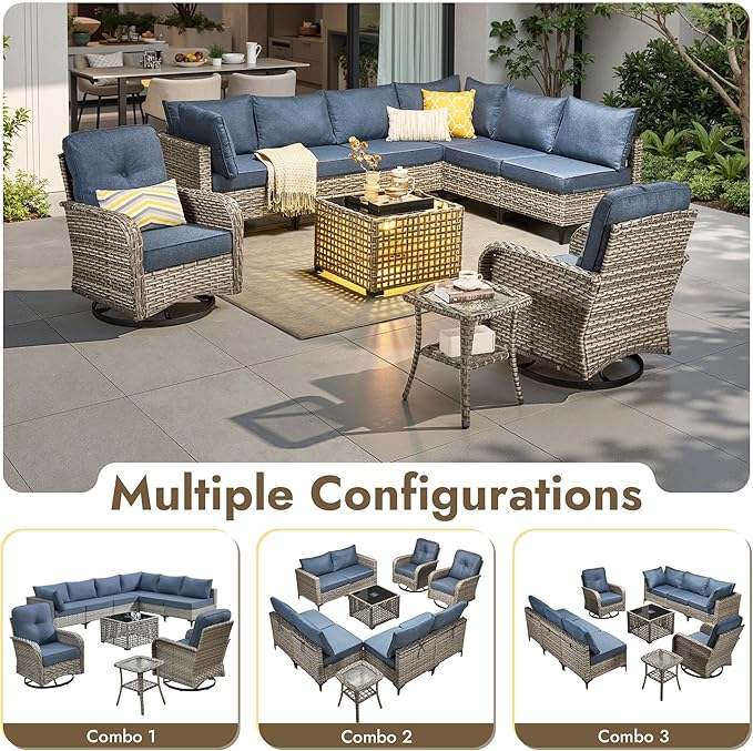 10 Pieces Outdoor Sectional Patio Furniture Set with Swivel Rocking Chairs,Wicker Conversation Sets Rattan L Shaped Couch,Modular Outdoor Sofa for Porch Balcony Backyard Denim Blue