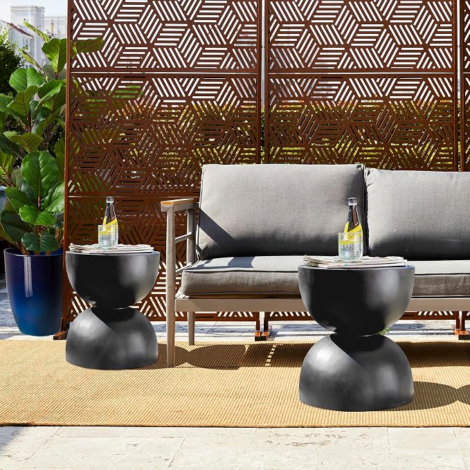 Glitzhome Outdoor Side Table, Round Small End Table with Terrazzo Finish MGO Hourglass Garden Stool, Set of 2 Lightweight Decorative Accent Table for Living Room Planter Stand Patio Pool Porch, Black