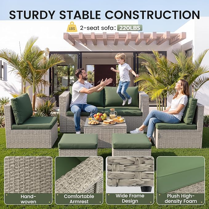 Amopatio 7 Pieces Patio Furniture Set with Fire Pit Table, All-Weather Wicker Outdoor Conversation Sofa Set with Glass Coffee Table, Cushions & Ottomans for Deck Backyard Porch Lawn Green