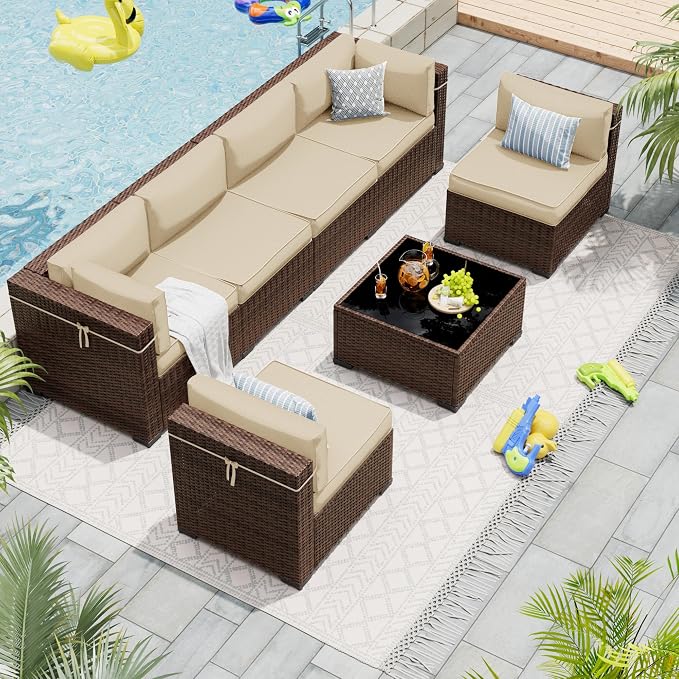 Patio Furniture Set, Modular 7-Piece Patio Conversation Sets with Coffee Table, All-Weather Wicker Outdoor Sectional for Backyard and Balcony, Beige (Waterproof Covers Included)