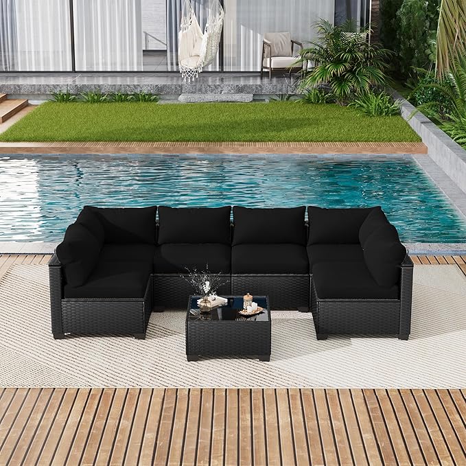 7 Piece Outdoor Patio Furniture Set, Rattan Chairs Glass Table Wicker Conversation Seating Sectional Sofa with Cushions (Black-Black, 7Pcs-Straight Back)