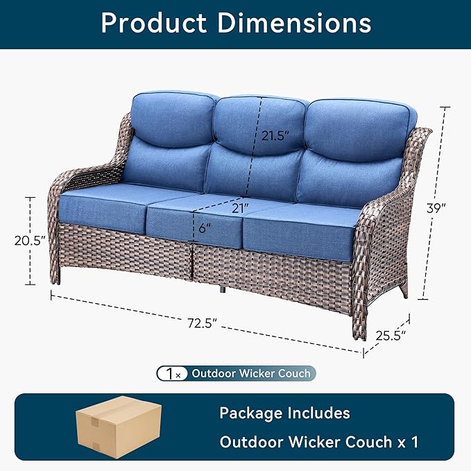 Luxury Outdoor Patio Furniture Set-Wicker High Backrest 3-Seat Patio Sofa with Comfy 6" Cushion, Rattan Couch with Deep Seat All-Weather Patio Conversation Set for Deck Backyard Garden(Brown/Blue)