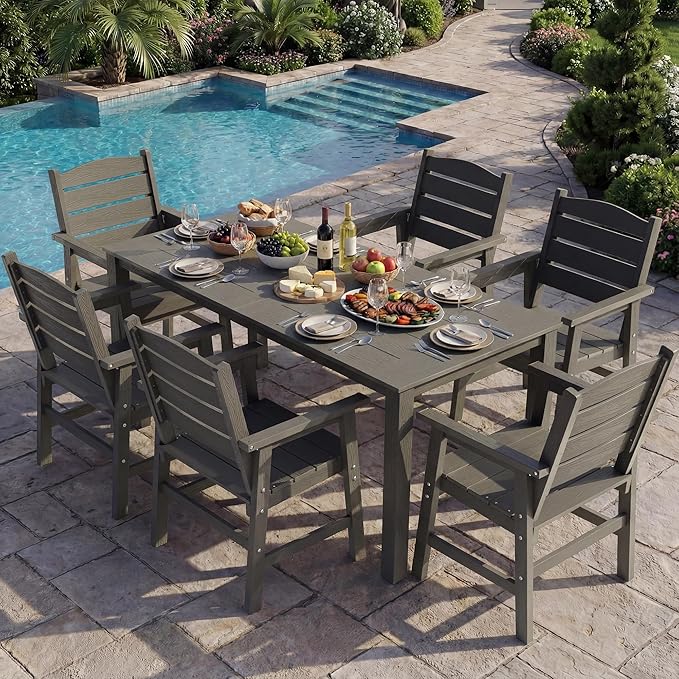 YEFU 7-Piece Patio Dining Sets: All-Weather Outdoor Table and Chairs Outside Furniture with Umbrella Hole & Aluminum Frame - HIPS Modern Patio Dining Set for 6 for Family Gatherings in Deck/Pool Grey