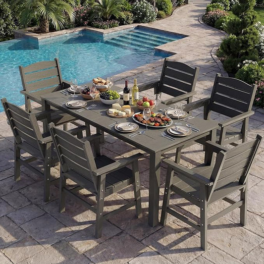 YEFU 7-Piece Patio Dining Sets: All-Weather Outdoor Table and Chairs Outside Furniture with Umbrella Hole & Aluminum Frame - HIPS Modern Patio Dining Set for 6 for Family Gatherings in Deck/Pool Grey