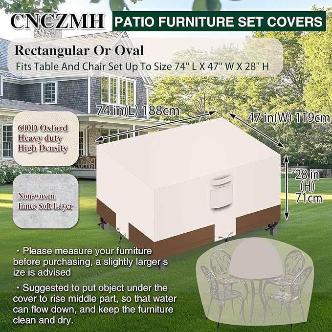 Heavy Duty Patio Furniture Covers Waterproof, 600D Outdoor Furniture Cover Waterproof for Sectional Sofa Couch, Outdoor Dining Table and Chair Set Covers 74''L x 47''W x 28''H Beige Brown