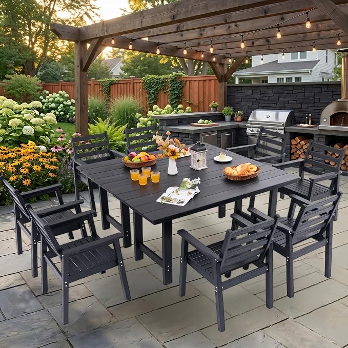 10-Piece Outdoor Dining Set, All-Weather HDPE Patio Furniture, Two 66.5" Slatted Table with 1.6" Umbrella Hole & 8 Ergonomic Armchairs, Heavy Duty 350lbs Capacity, UV Resistant, Black