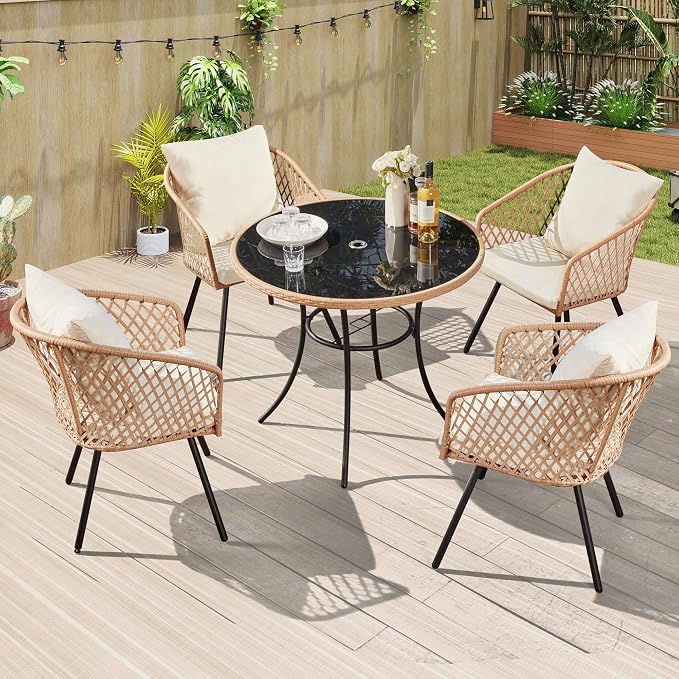 ECOTOUGE 5 Piece Patio Dining Set, Wicker Outdoor Furniture Set w/Glass Round Table, 4 PCS Chairs w/Waterproof Cushions for Backyard Garden Deck, Yellow/White