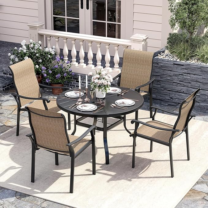UDPATIO 5 Piece Outdoor Patio Table and Chairs Set for 4, 39" Black Round Table with Umbrella Hole, Brown Patio Chairs, Patio Table with Chairs, Outdoor Patio Dining Set for Lawn, Backyard, Deck