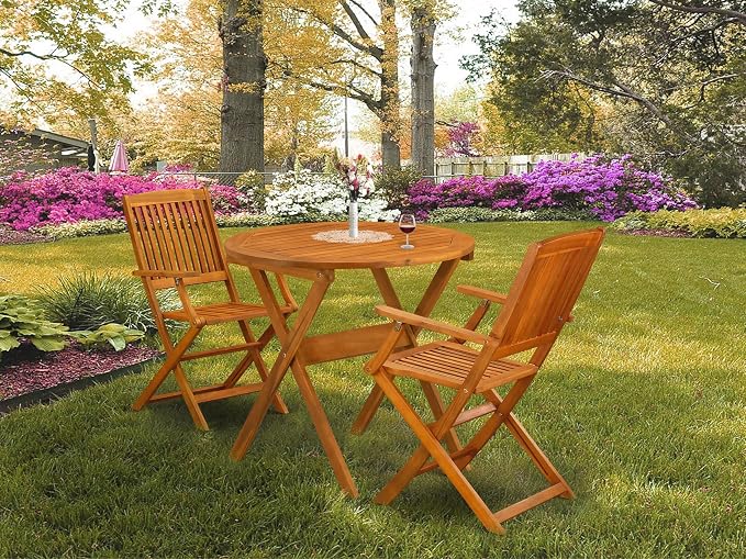 East West Furniture MNCM3CANA 3 Piece Folding Patio Bistro Sets Outdoor Set Contains a Round Acacia Wood Coffee Table and 2 Folding Arm Chairs, 30x30 Inch, Natural Oil