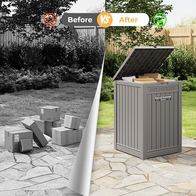 Package Delivery Box for Outside With Sign, Lockable Outdoor Storage Box Waterproof Deck Box, Large Double Wall Resin Parcel Drop Boxes, 48 Gallon, Gray