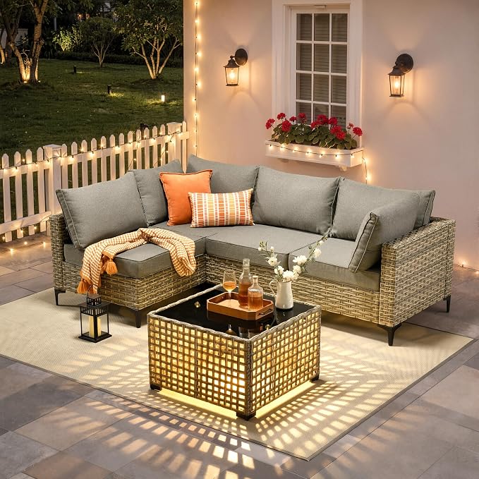 5 Piece Outdoor Sectional Patio Furniture Set with Solar Lighted Coffee Table, Modular Wicker Conversation Set with Flexible L-Shaped Layout for Porch Balcony Backyard, Dark Gray