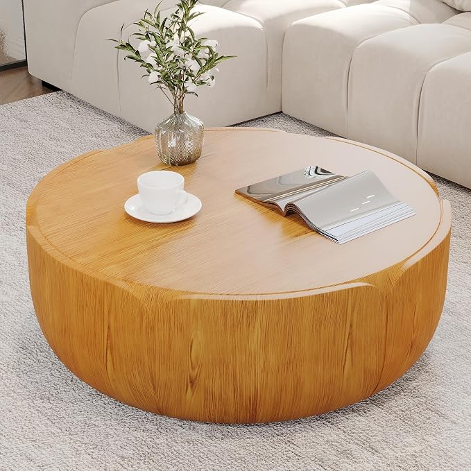 36" Round Outdoor Coffee Table Natural Waterproof Sturdy MGO Wood Texture Grain Drum Center Table for Patio Garden Backyard Living Room, No-Assembly