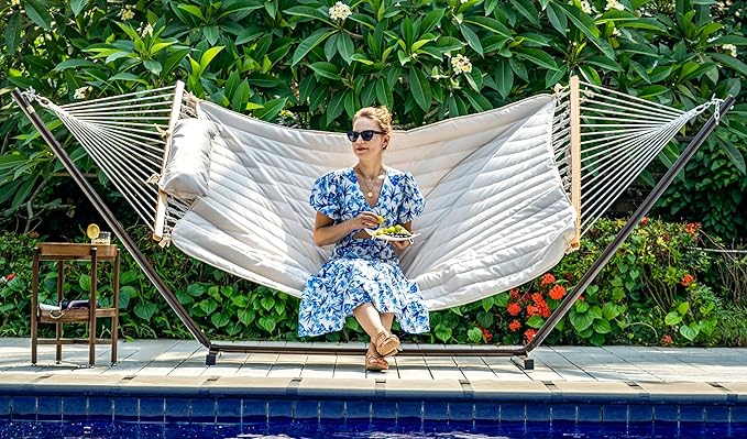 Lazy Daze Hammocks 2 Person Hammock Pad and Pillow Set, Double Polyester Quilted 78" x55" Replacement Pad for Rope Hammock, Cream