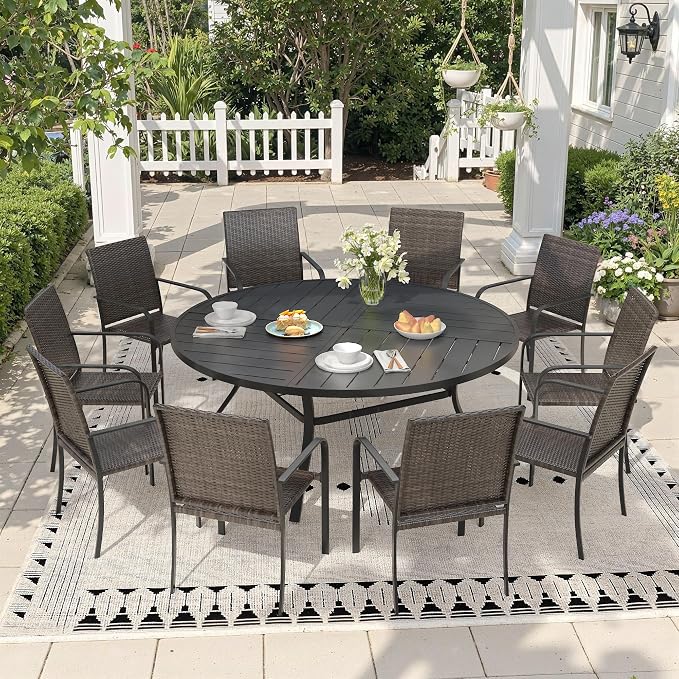 Outdoor Dining Set for 10, 63.1" Metal Round Outdoor Dining Table with Umbrella Hole and Wicker Stackable Patio Chairs, 11 Pieces Patio Table and Chairs Set for Garden Backyard, Black